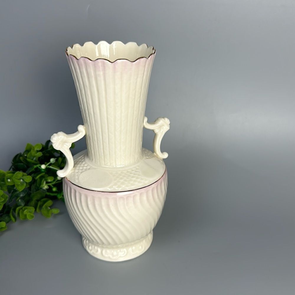 Vintage Belleek Porcelain Vase with Light Pink Glaze & Embossed Patterns 8"
